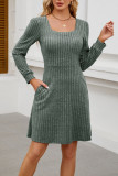 Square Neck Pocket Knitted Sweater Long Sleeved Dress