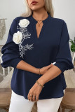V-Neck Embroidered Flower Lantern Long Sleeve T-Shirt