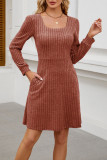 Square Neck Pocket Knitted Sweater Long Sleeved Dress