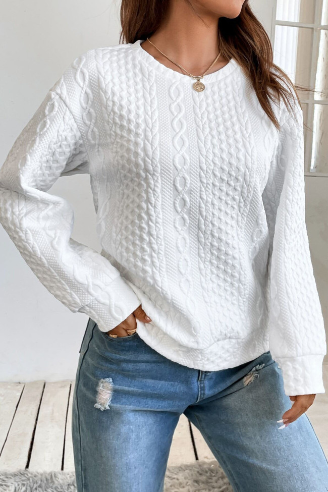 Solid Color Texture Loose Round Neck Long Sleeve Hoodie