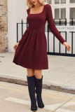 Solid Color Square Neck Ribbed Long Sleeved Slim Fit Dress