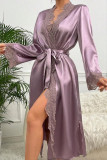 Solid Color Long Sleeved Lace Edge Nightgown