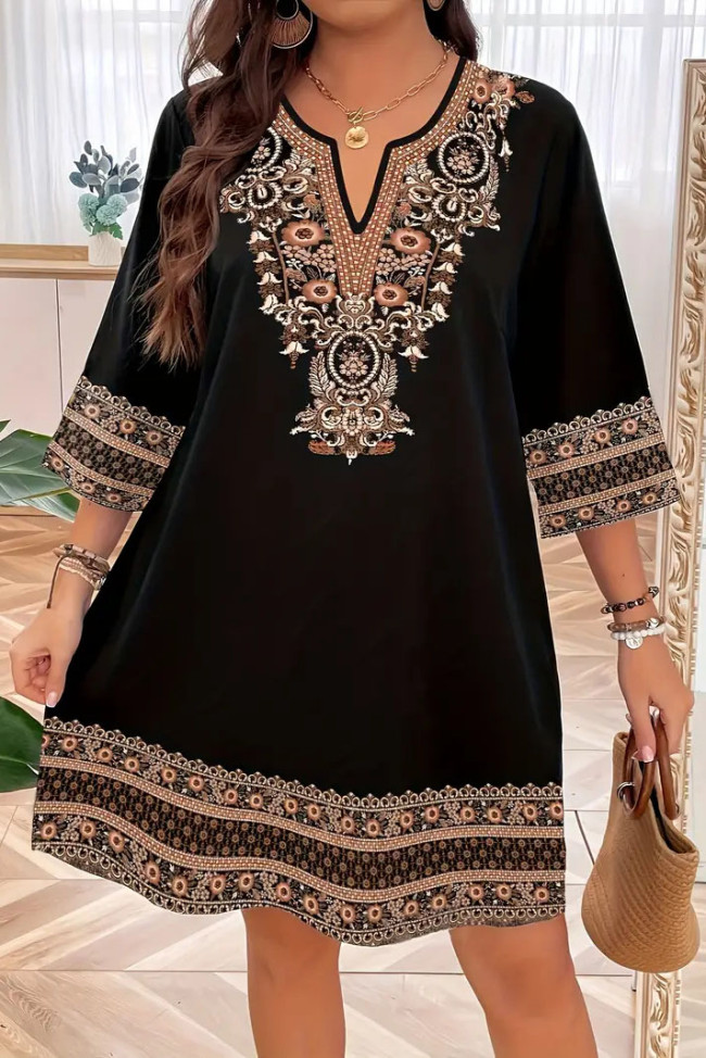 Ethnic Style Printed Seven Quarter Sleeve Dress