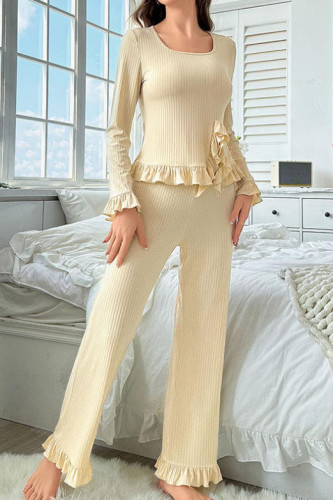 Square Neck Long Sleeved Ruffled Shirt Pants Pajamas Two-Piece Set