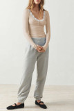 Lace Edged Long Sleeved Knitted Solid Color Shirt