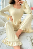 Square Neck Long Sleeved Ruffled Shirt Pants Pajamas Two-Piece Set