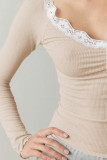 Lace Edged Long Sleeved Knitted Solid Color Shirt
