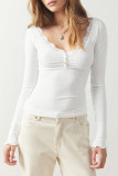 Lace Edged Long Sleeved Knitted Solid Color Shirt