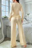 Square Neck Long Sleeved Ruffled Shirt Pants Pajamas Two-Piece Set