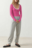 Lace Edged Long Sleeved Knitted Solid Color Shirt
