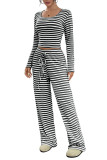 Striped Square Neck Long Sleeved Shirt Pants Two-Piece Set
