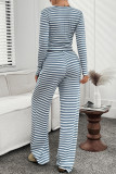 Striped Square Neck Long Sleeved Shirt Pants Two-Piece Set