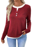 Round Neck Button Long Sleeved Fake Two Piece T-Shirt