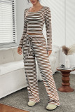 Striped Square Neck Long Sleeved Shirt Pants Two-Piece Set