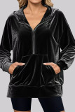 Velvet Solid Color Pocket Long Sleeved Hooded Sweatshirt