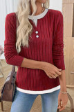 Round Neck Button Long Sleeved Fake Two Piece T-Shirt