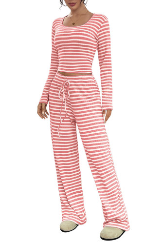 Striped Square Neck Long Sleeved Shirt Pants Two-Piece Set