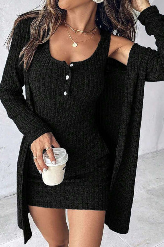Solid Color Sleeveless Dress Cardigan Jacket Two-Piece Set