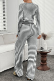 Striped Square Neck Long Sleeved Shirt Pants Two-Piece Set