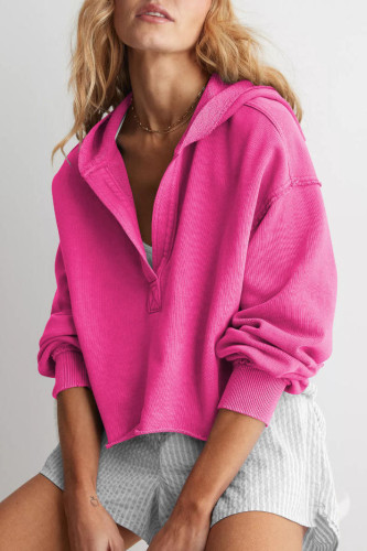 V-Neck Solid Color Long Sleeved Hooded Sweatshirt