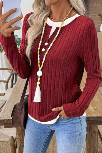 Round Neck Button Long Sleeved Fake Two Piece T-Shirt