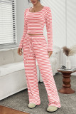 Striped Square Neck Long Sleeved Shirt Pants Two-Piece Set