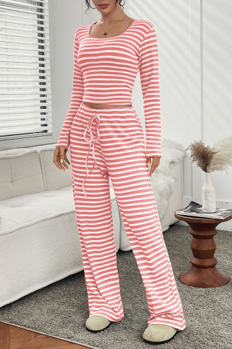 Striped Square Neck Long Sleeved Shirt Pants Two-Piece Set