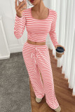 Striped Square Neck Long Sleeved Shirt Pants Two-Piece Set