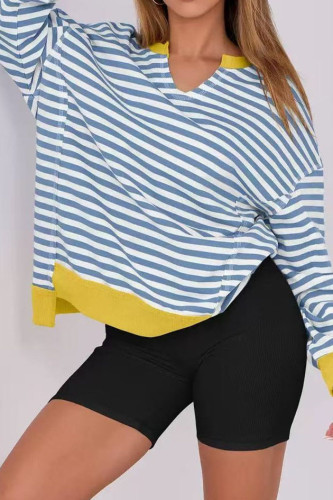 Long Sleeved Striped V-Neck Loose Sports Sweatshirt