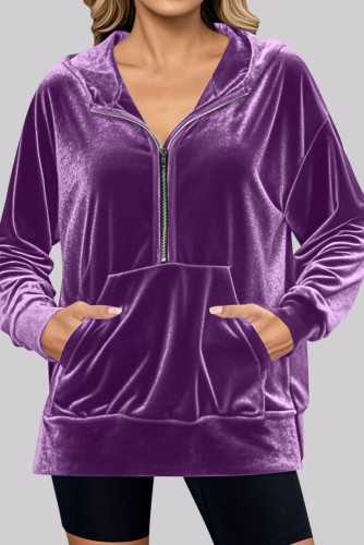 Velvet Solid Color Pocket Long Sleeved Hooded Sweatshirt