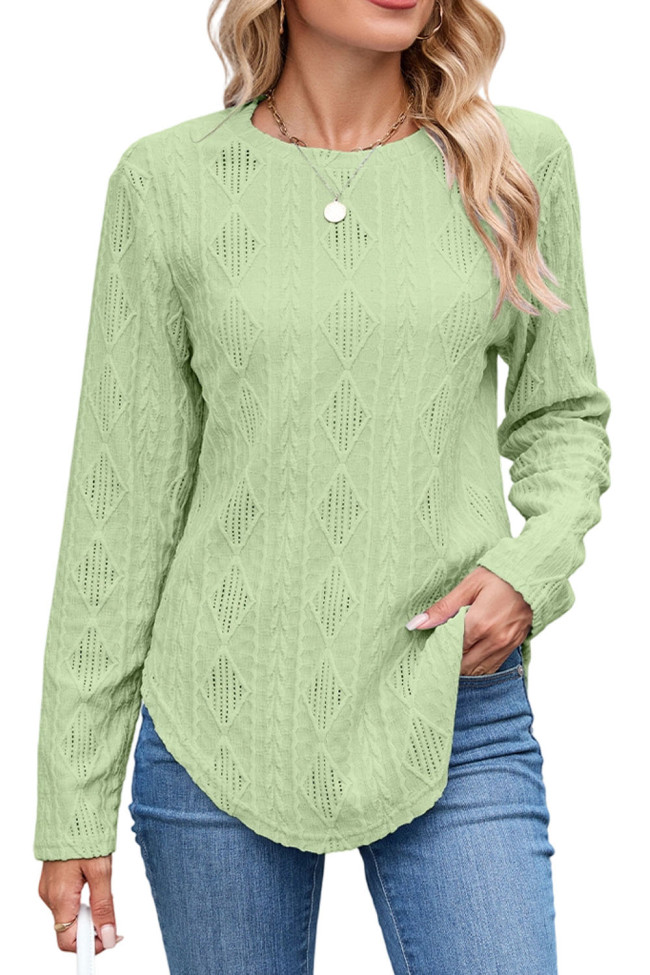 Round Neck Long Sleeved Button Hollow T-Shirt