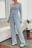 Striped Square Neck Long Sleeved Shirt Pants Two-Piece Set