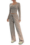 Striped Square Neck Long Sleeved Shirt Pants Two-Piece Set