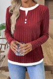 Round Neck Button Long Sleeved Fake Two Piece T-Shirt