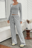 Striped Square Neck Long Sleeved Shirt Pants Two-Piece Set