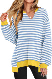Long Sleeved Striped V-Neck Loose Sports Sweatshirt