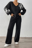 Embroidered V-Neck Sweater Straight Leg Pants Two-Piece Set