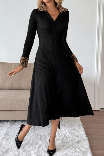 Vintage Elegant V-Neck Leopard Print Long Sleeved Dress