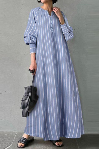 Large Size Striped Printed Round Neck Long Sleeved Dress