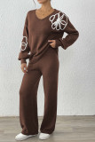 Embroidered V-Neck Sweater Straight Leg Pants Two-Piece Set