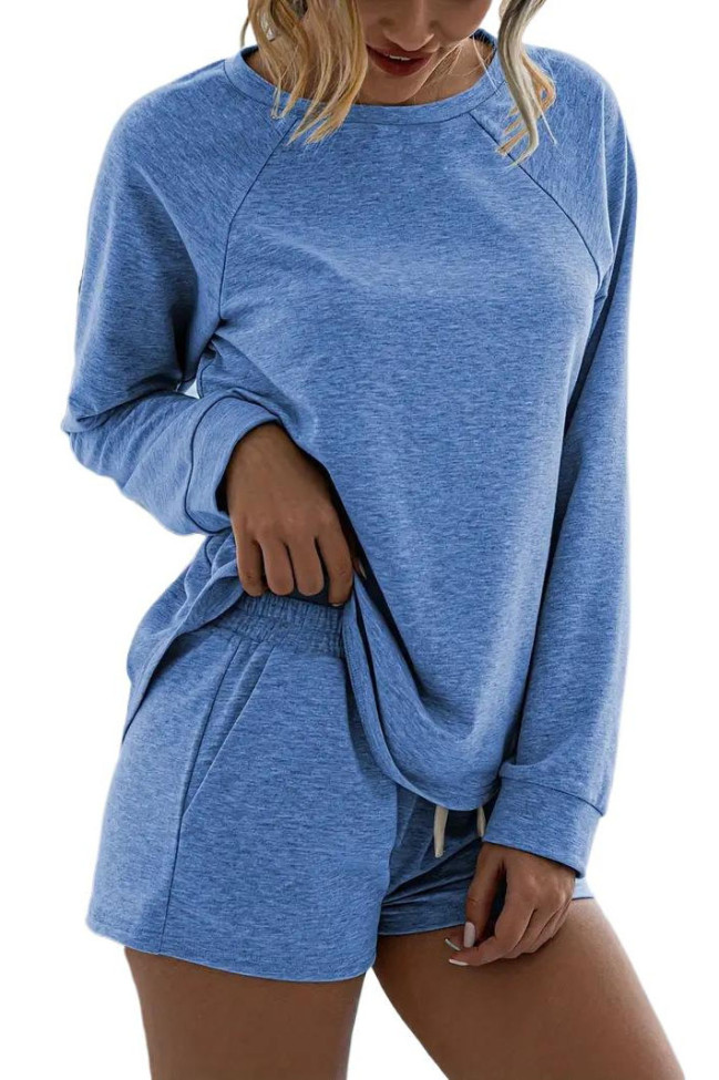 Round Neck Long Sleeved Shorts Sports Two-piece Set