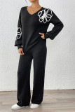 Embroidered V-Neck Sweater Straight Leg Pants Two-Piece Set