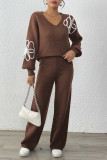 Embroidered V-Neck Sweater Straight Leg Pants Two-Piece Set