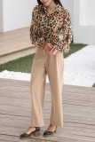 Leopard Lapel Pleated Waist Cinching Bubble Long Sleeved Shirt