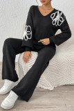 Embroidered V-Neck Sweater Straight Leg Pants Two-Piece Set