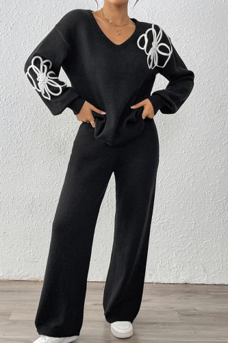 Embroidered V-Neck Sweater Straight Leg Pants Two-Piece Set