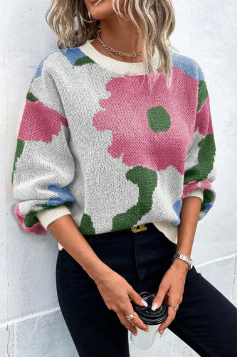 Jacquard Round Neck Long Sleeved Knitted Sweater