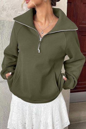 Velvet Half Zip Long Sleeved Pocket Hoodie