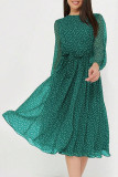 Polka Dot Printed Long Sleeved Waist Cinching Dress