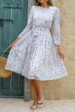 Polka Dot Printed Long Sleeved Waist Cinching Dress